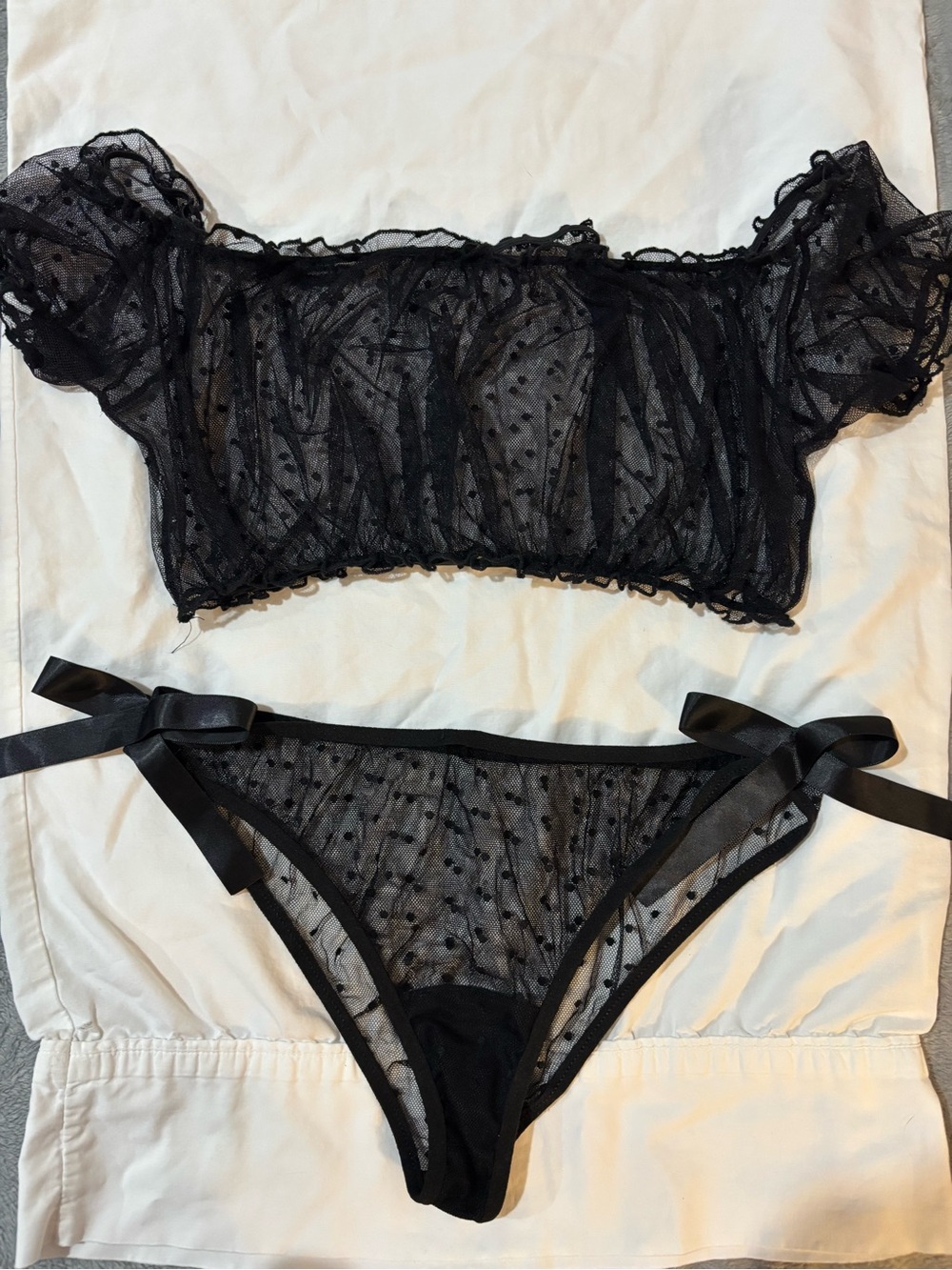 Sheer Black Polka Dot Mesh Lingerie Set with Bow Ties